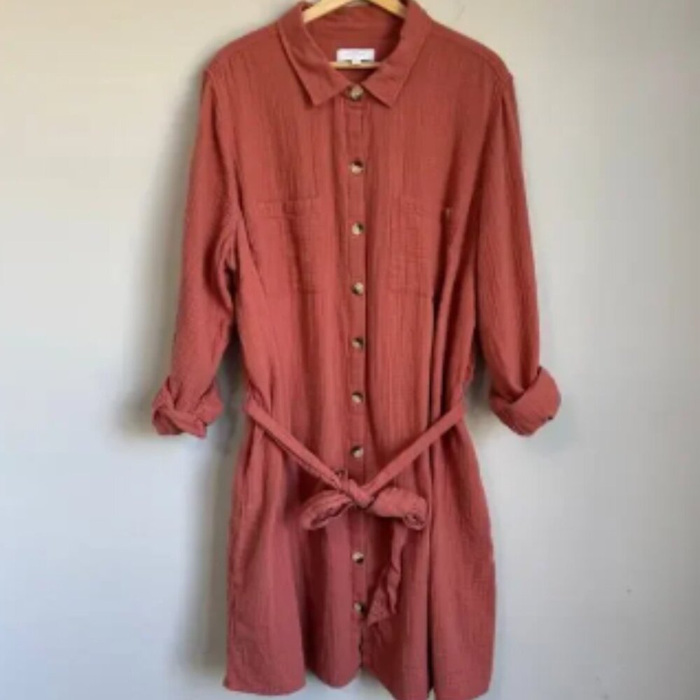 New Directions Curvy Shirt Dress Size 3X Button Up Gauzy Cotton Lagenlook Mauve